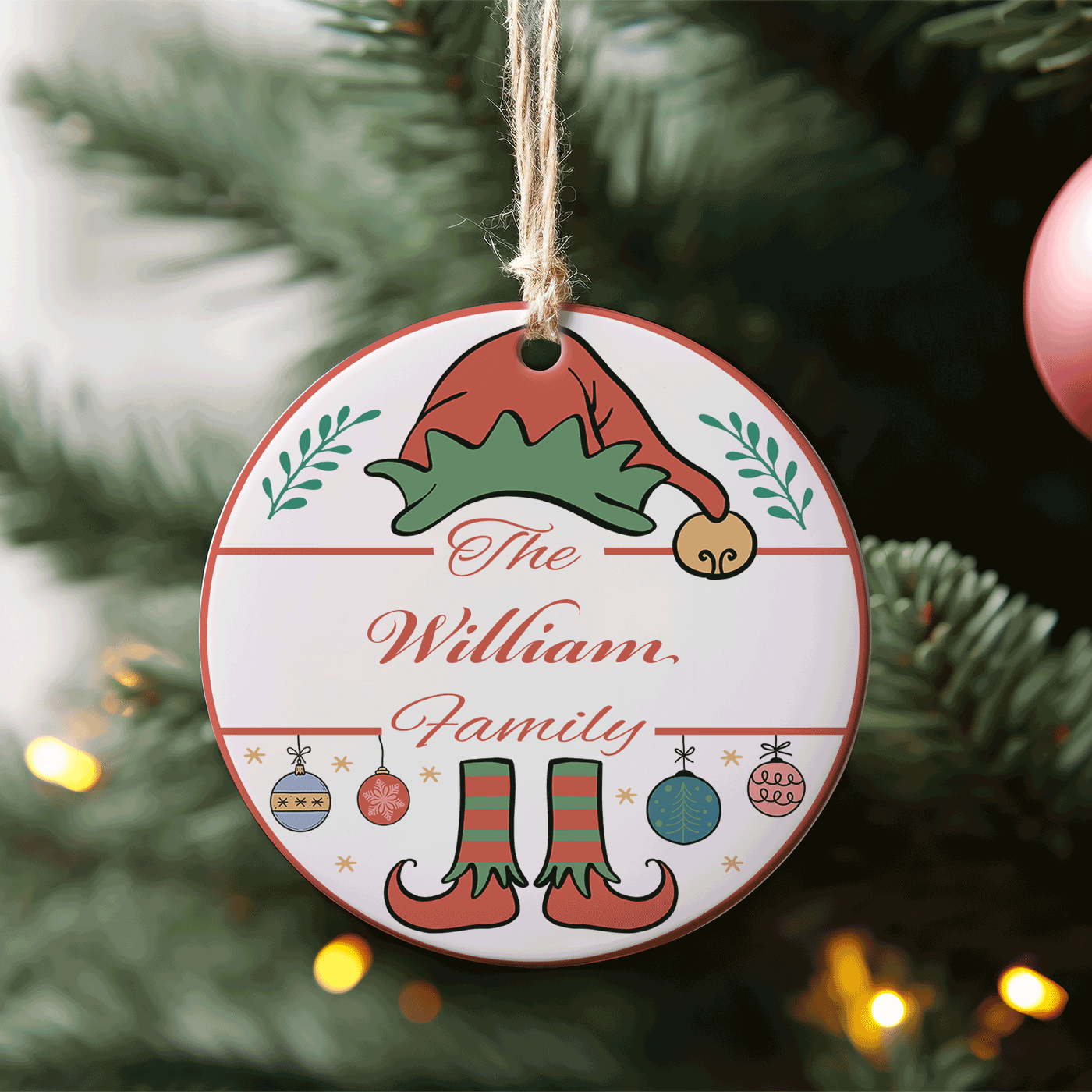 Custom Name Family Christmas | Festive Elf Theme | Ceramic Ornament